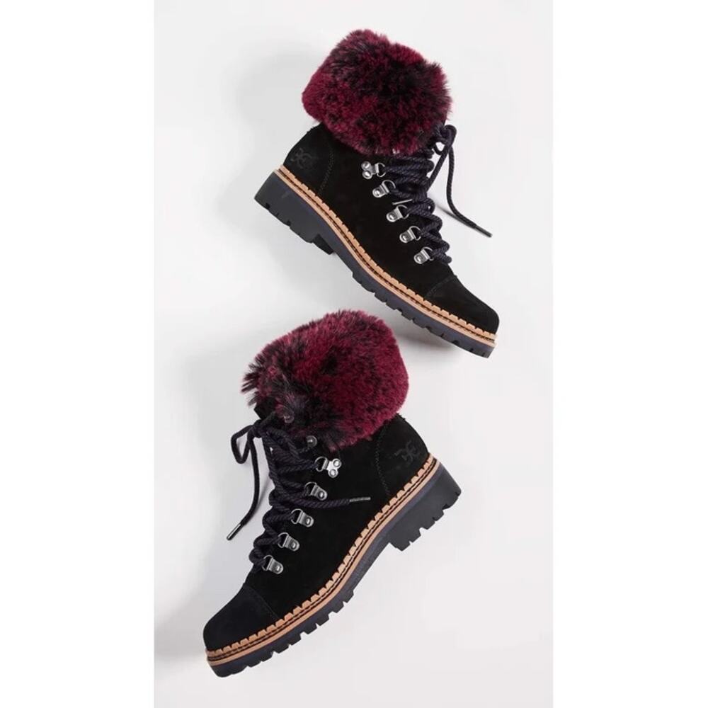 NIB Sam Edelman Bowen Black/Raspberry Wine Combat Suede Boots Leather 5 Fur Pom